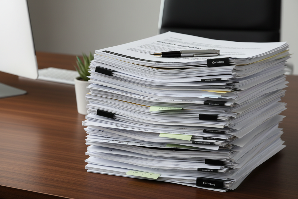 A bunch of documents stacked 