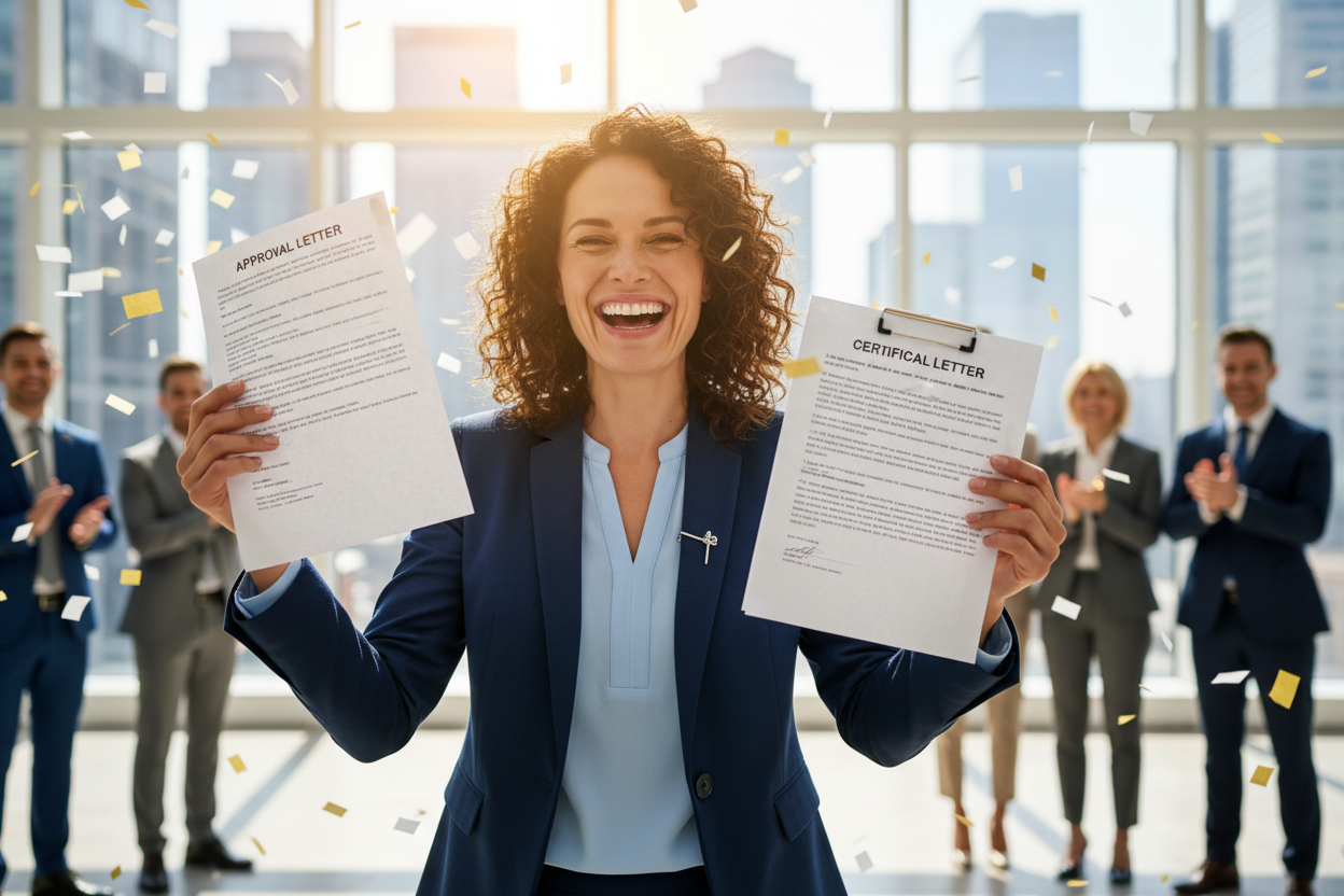Make a super happy women holding documents in her hand who is joyful 